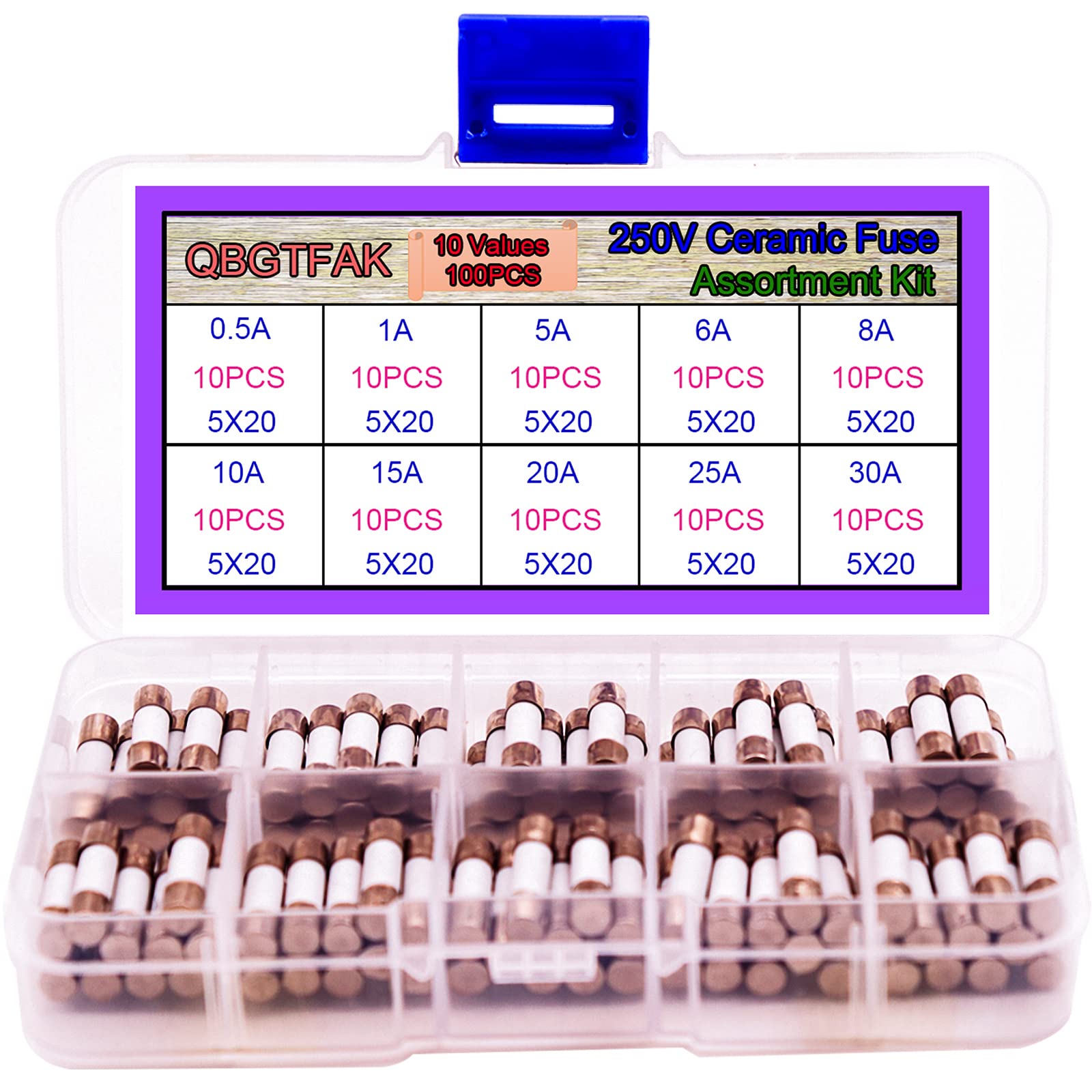 QBGTFAK 100pcs Quick Blow Ceramic Tube Fuse