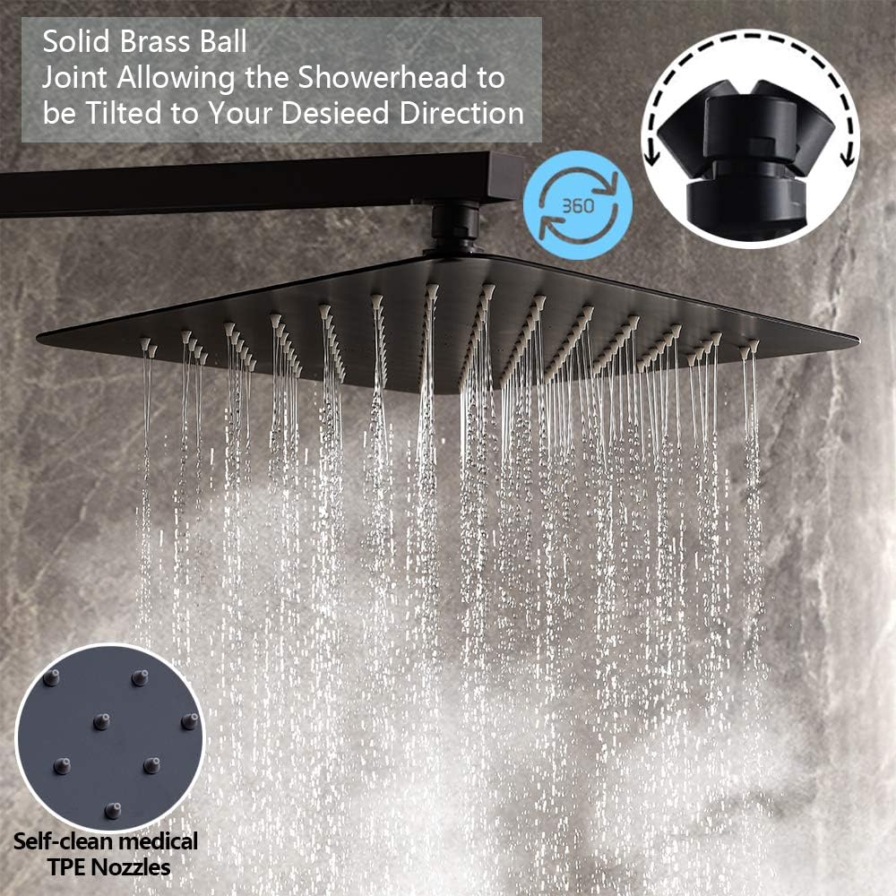 Rugus Shower System，Luxury Rain Mixer Shower Tub Spout Combo Set Wall Mounted Rainfall Shower Head System，10 Inch Square Rain Shower Head, Black Shower faucet rough-in valve body and trim - - 