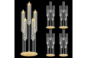4 Set 5 Arm Acrylic Candle Holder, Mjkeomo 27'' Tall Candelabra Centerpieces for Tables Clear Candlesticks Holder with Lampshade for Housewarming Gift Fireplace Dinner Decor Fit 0.8'' LED Candle