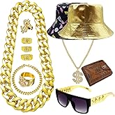 80s 90s Hip Hop Costume Kit Cool Rapper Bucket Hat Accessories Dollar Sign Gold Chain Unisex