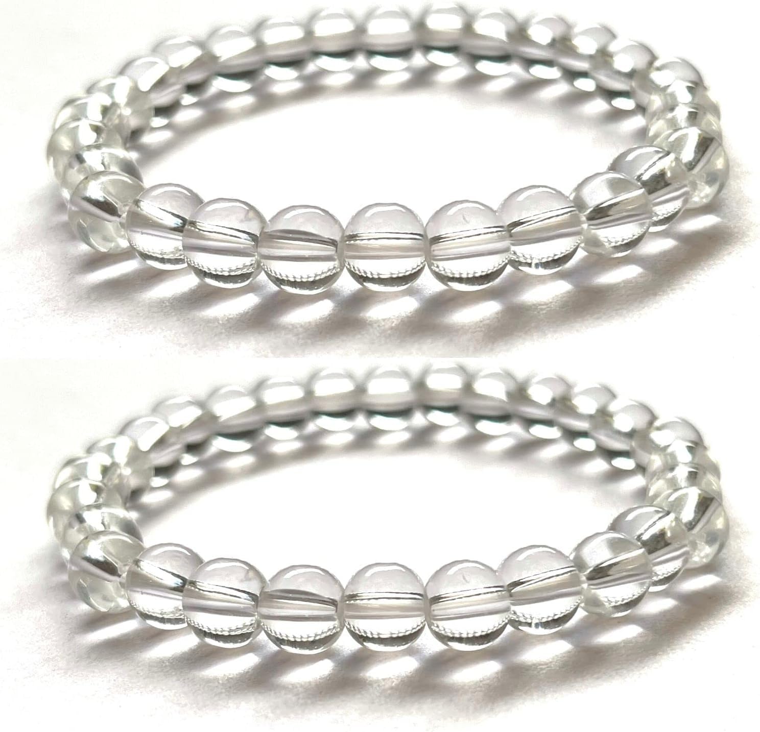 NAISHA Clear Quartz Crystal Natural Gemstone Round Beads Bracelet Healing Sphatik Semi Precious (2 Pc.) Stretch Wrist Beaded Bracelets for Women Men, Yoga Meditation Prayer