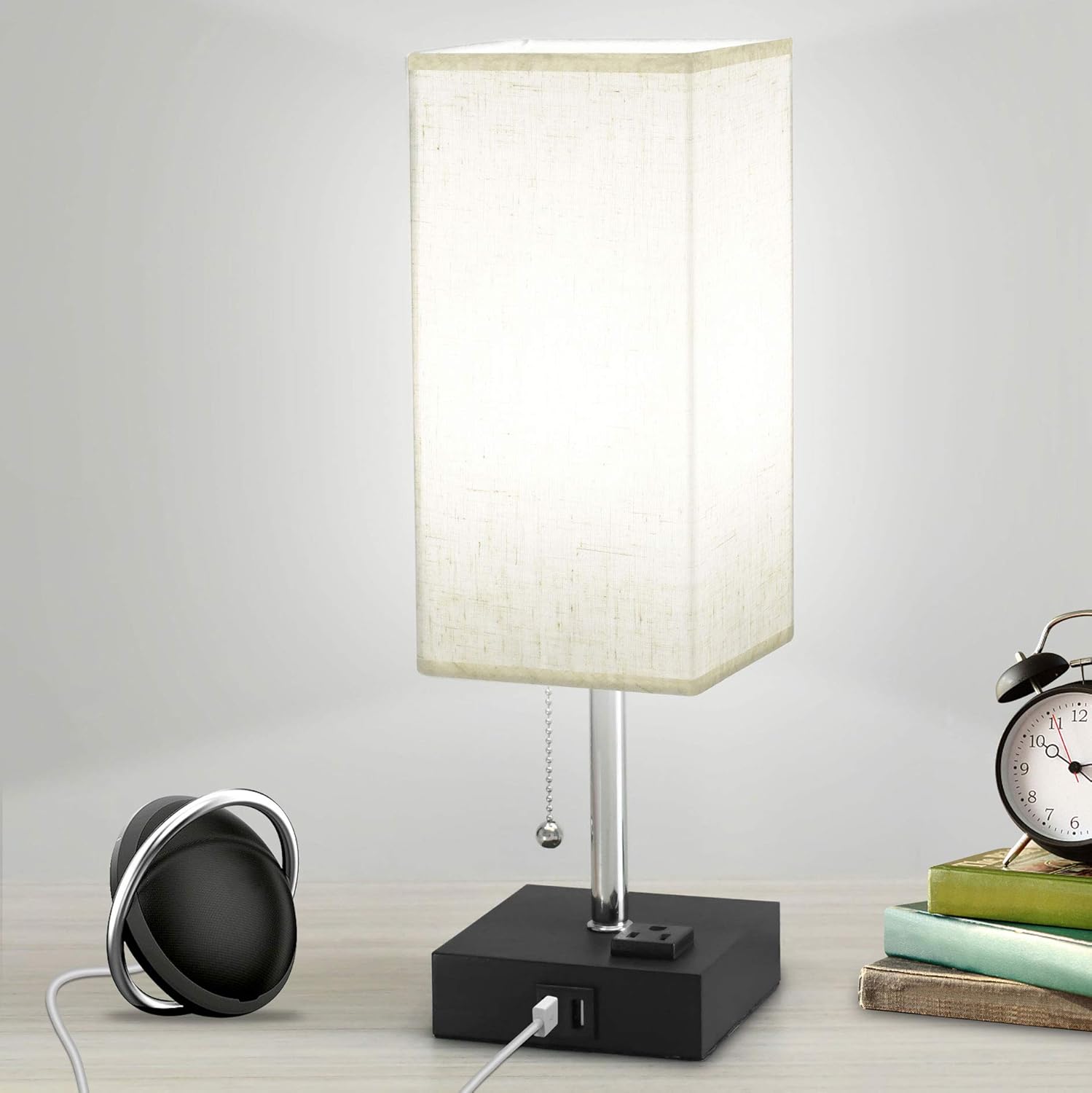 USB Table Lamp, Sailstar Bedside Lamps with Fast Dual USB Charging Ports and Outlet & Warm LED Bulb, Modern Nightstand Lamp with Black Base and Fabric Shade for Bedroom, Living Room, Office - - 