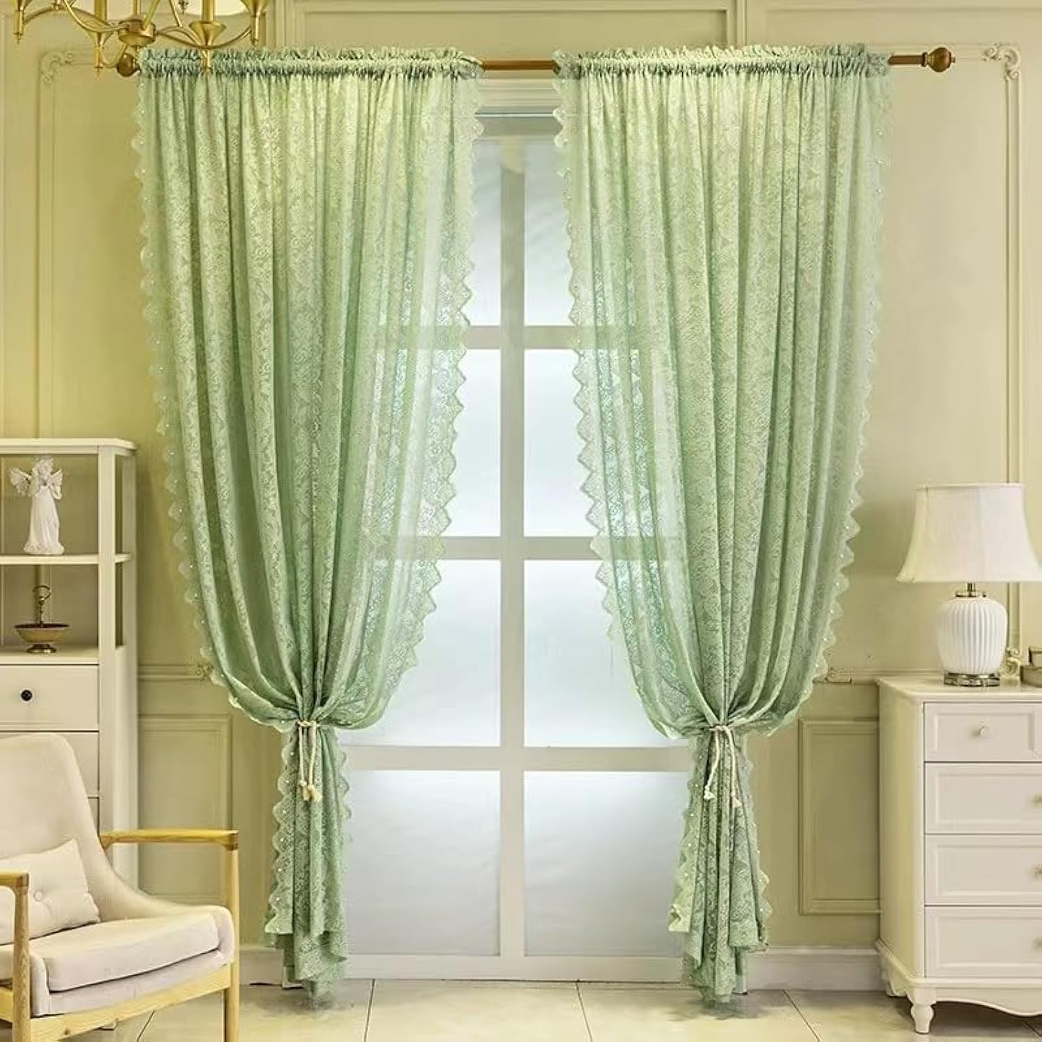 F-CHU Net Curtains for Windows 90 drop Pair Victoria Floral Pattern Window Curtain Net Curtain for Doors Decor 140cm Width x 229cm Drop (55"x 90") Green Curtains