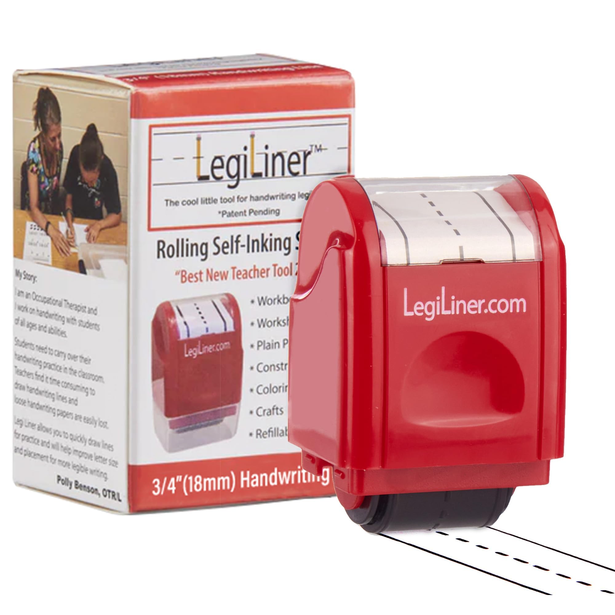 LEGILINER- 3/4" Dashed Handwriting line, Rolling, self-Inking Stamp. Handwriting Practice Tool for Teachers/OT’s/Homeschool/Special Ed. Pre-K/Kindergarten/1st Grade Size.