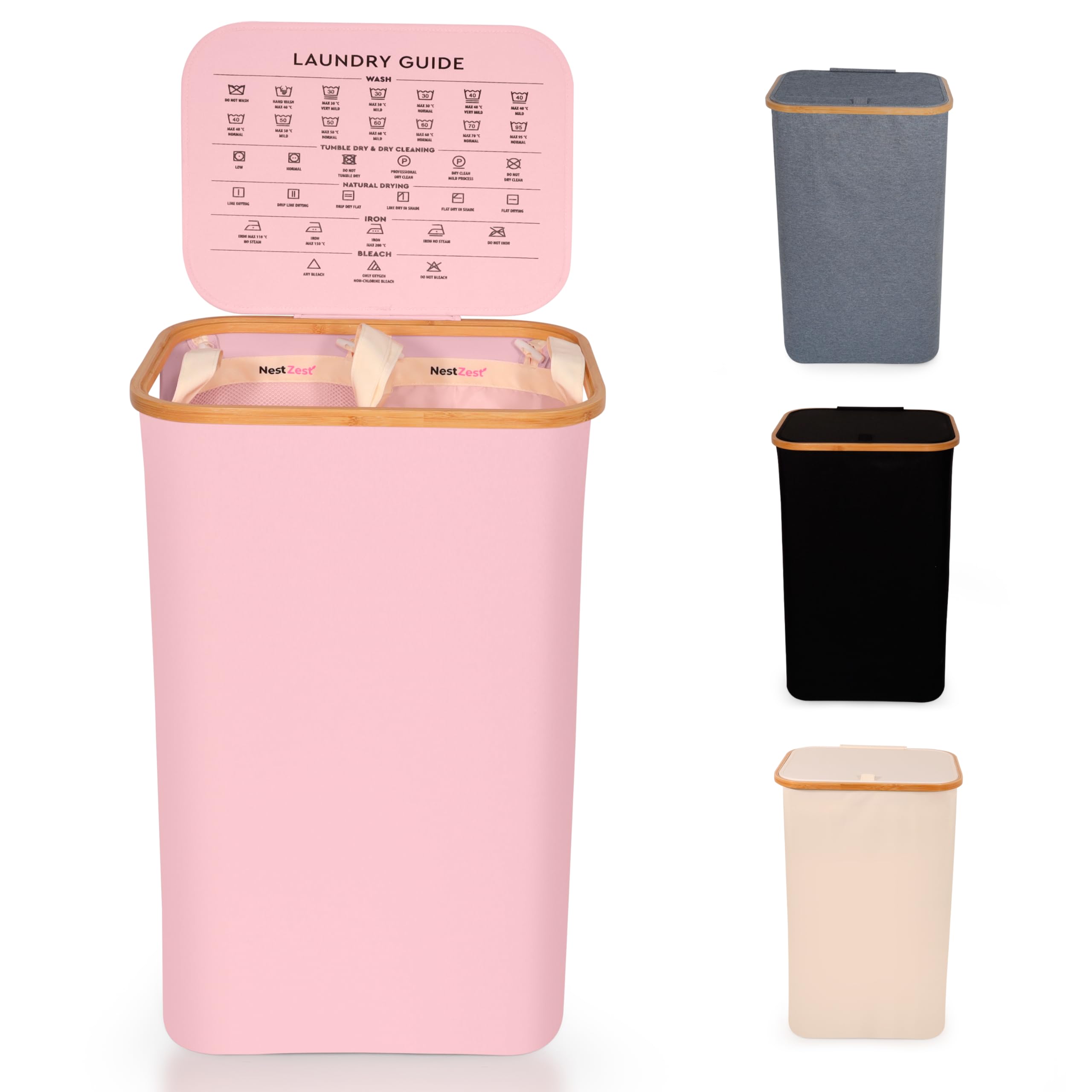 Nest Zest 100L Double Laundry Basket with Lid, 2 Compartments to Sort Washing, Hamper Laundry Bin with Care Guide & 2 Removable Inner Bags, Dirty Clothes Basket with Bamboo Rim Oxford Fabric (Pink)