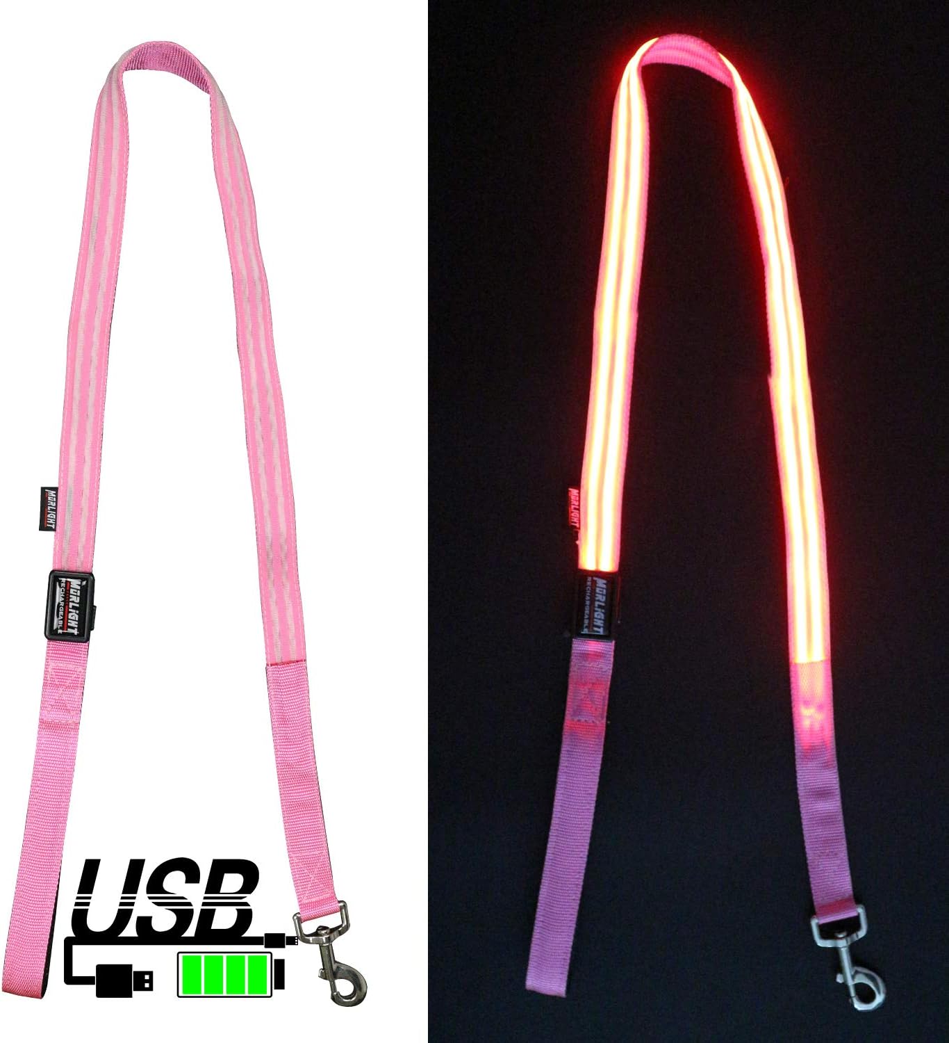 GSGD MORLIGHT LED Dog Leash with USB Rechargeable Battery and Metallic Iron Hoop Double Optical Fiber Dog Leash to Make Your Dog Visible, Safe & Seen