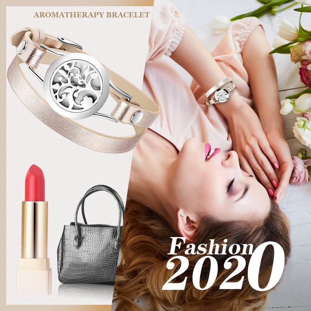 Essential Oil Diffuser Bracelet, Aromatherapy Bracelet Jewelry Stainless Steel Locket Leather Band with 8pcs Washable Refill Pads Birthday Gifts for Women,Girlfriend, Mother,Sister,Aunt: Beauty