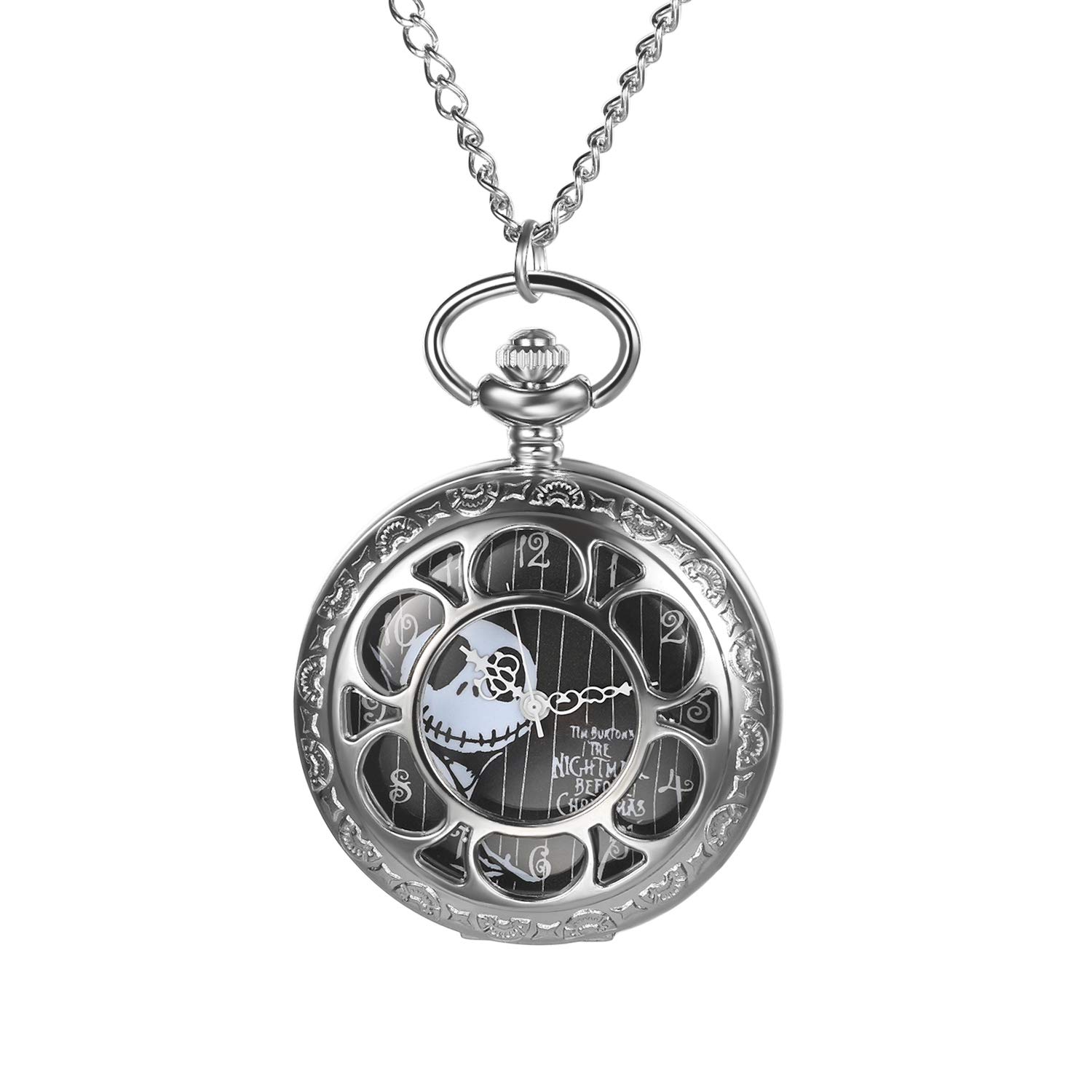 JewelryWe Nightmare Before Christmas Pocket Watch Vintage Pocket Watch with Chain Men Women Necklace Watch for Xmas