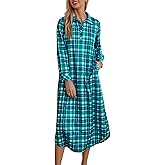 Ekouaer Women's Nightgown Long Sleeve Nightshirt Full Length Loungewear Plaid Sleepwear With Pockets