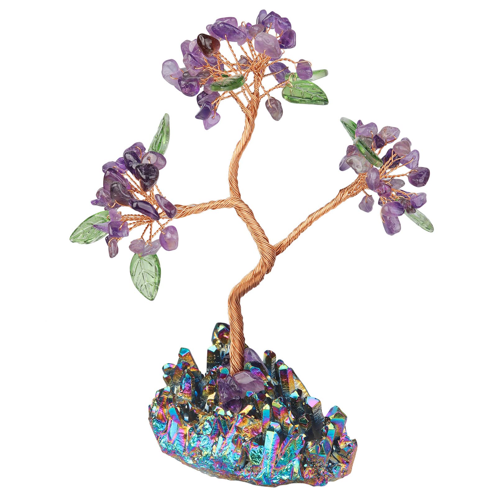 Nupuyai Amethyst Crystal Money Tree with Rainbow Titanium Crystal Base, Fengshui Tree of Life Figurine Healing Stone Gem Tree Ornament Good Luck Home Office Decor