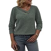 VISLILY Womens-Plus-Size-Tops Trendy V Neck Casual Long Sleeve Shirts Lightweight Knit Sweaters Button Decor Tunics Blouses