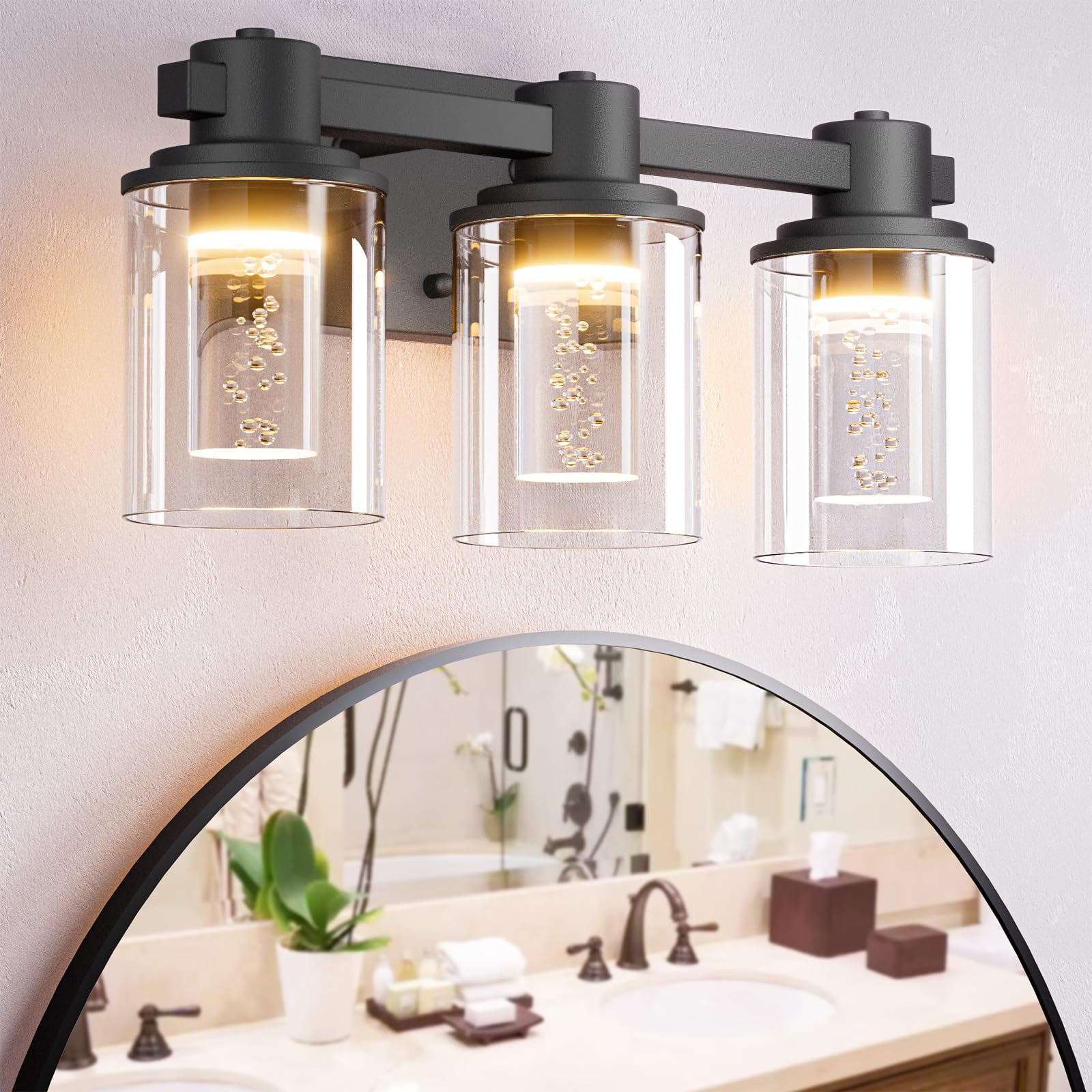 Photo 1 of Quntis 3-Light Black Bathroom Light Fixtures with 5 Color Modes, 16 Inch Dimmable Modern Vanity Lighting Fixture Over Mirror, 21 Watts Eye Protection LED Wall Lamp (UL Certified, Bulbs Included)
