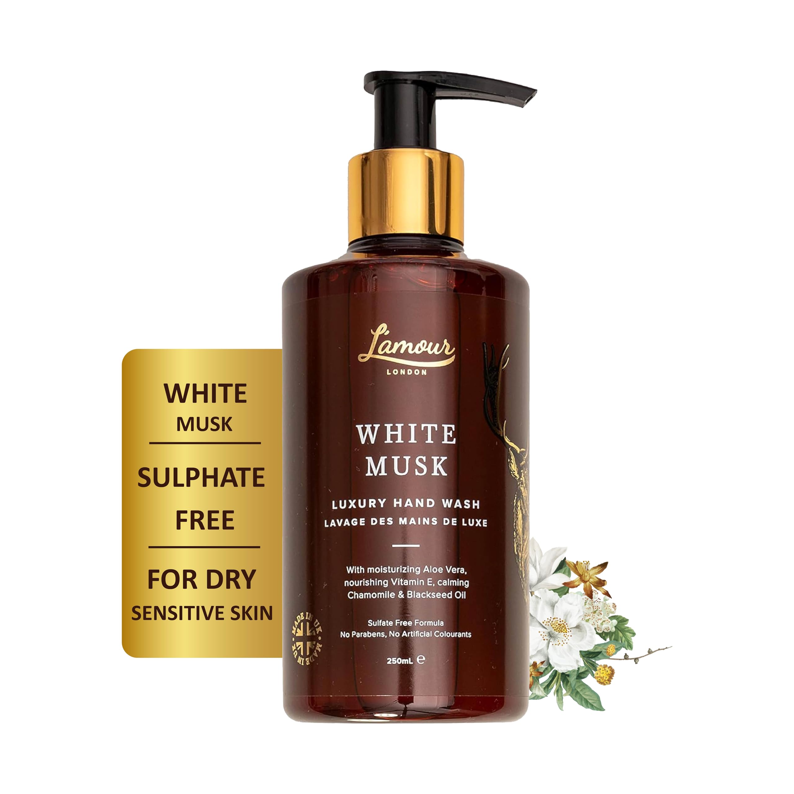 L'amour Natural | White Musk | Luxury Hand Wash | Essential Oils | Sulphate Free | Gentle for dry and sensitive skin | 250mL