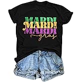 UNIQUEONE Mardi Gras Shirts for Women Carnival Outfit Fat Tuesday Tees Mardi Gras Gift Casual Short Sleeve Tops