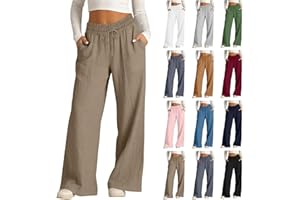 Rseomihvy Women's Cotton Linen Pants Summer Straight Wide Leg Trousers Drawstring Elastic Waist Loose Beach Vacation Outfits