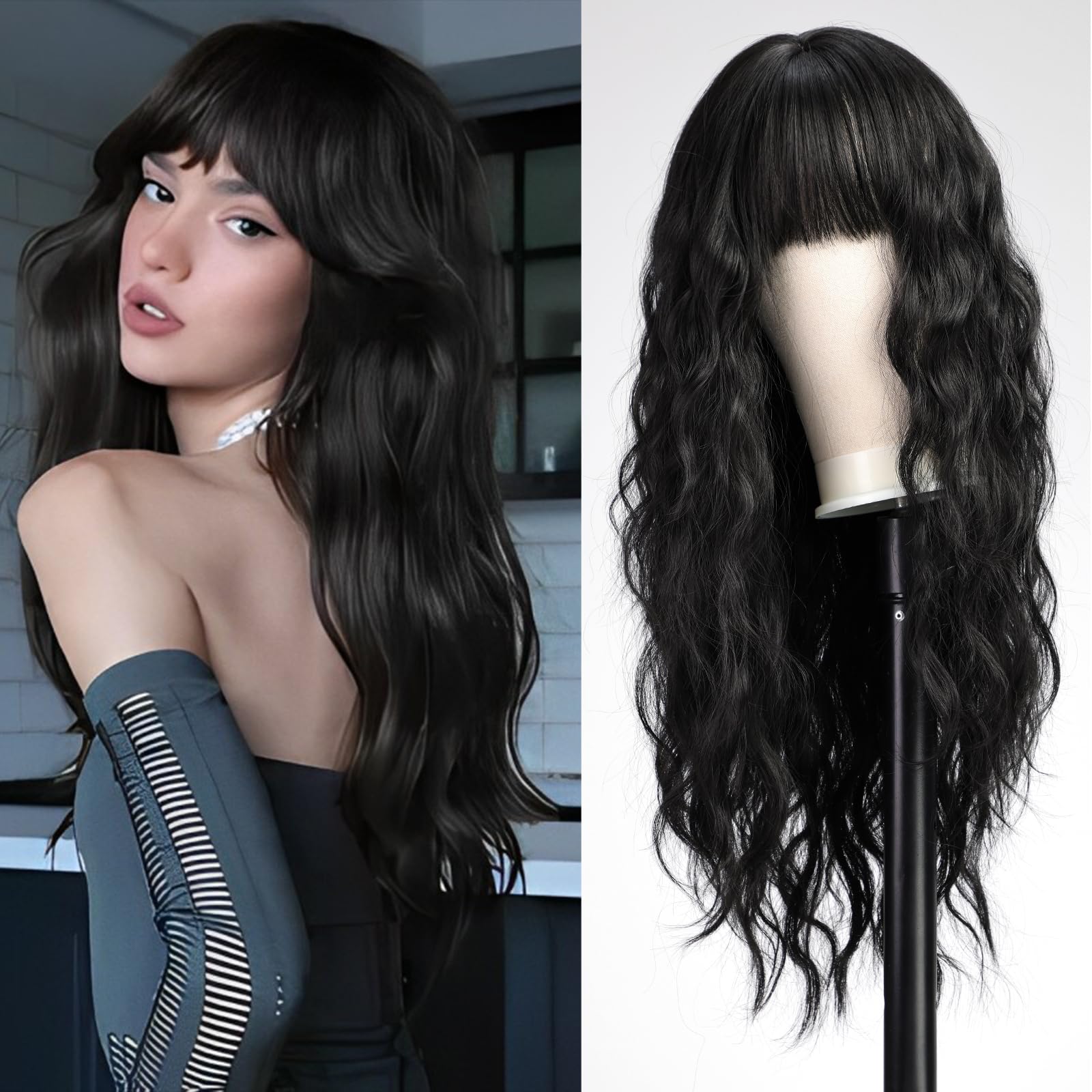 WOKESTAR Long Wavy Natural Black Wigs for Women, Heat Resistant Natural Hair with Fringe — image 1