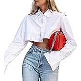 MISSACTIVER Women Solid Long Sleeve Button Up Crop Shirt Turn-Down Collar Irregular Loose Fitting Fashion Cropped Blouse Top