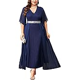 ZOMVA Plus Size Formal Dress V Neck Chiffon Handkerchief Sleeve Mother of Bride Dresses Wedding Guest Party Evening Gown