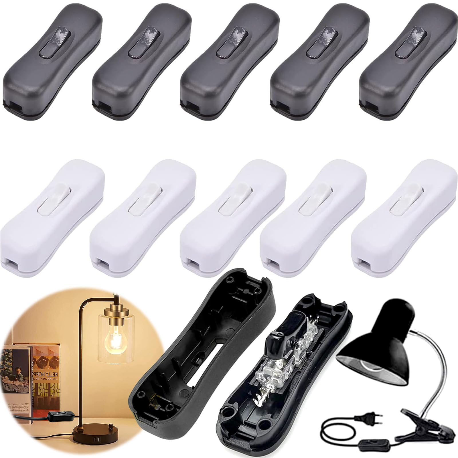 Benaton Rocker Switches (10 pack), Intermediate OFF-NONE-ON, Normally Open, Plastic, Wall Mount, Touch Control, White Cable & Black Cable
