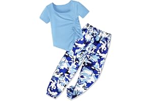 Sislerew Clothes for Girls Irregular Ruched Drawstring Short Sleeve Top and Girls Camouflage Pants 2Pcs Summer Girls Clothes