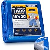 SUNLITAP 16x20Ft Large Multipurpose Waterproof Poly Tarp Cover, Blue, 5 Mil | Reinforced Edge&amp;Tear Resistant, Finished Size, Metal Grommet Every 36", Fits Camping, Car, Cargo Protection&amp;Temporary Shelter