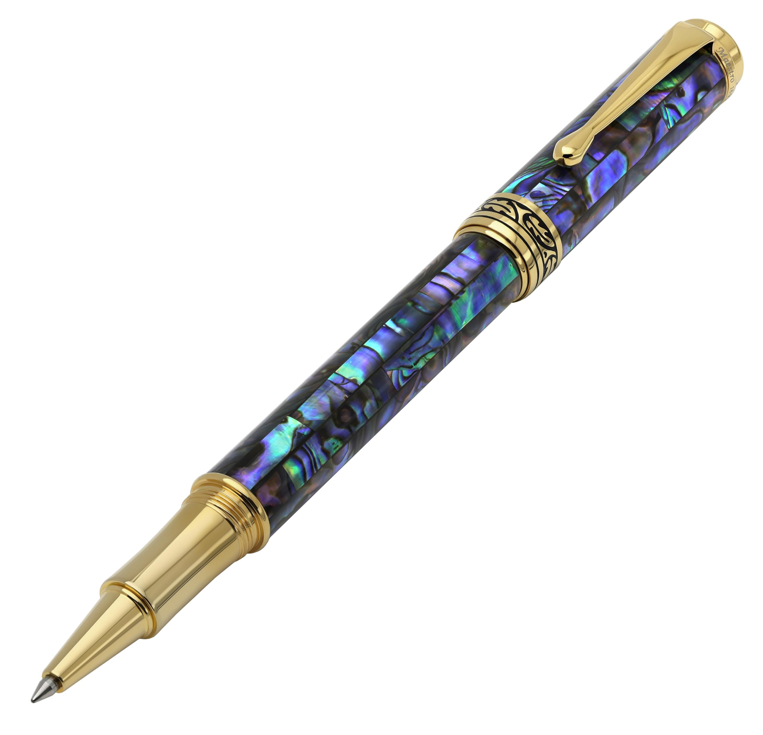Xezo Maestro Fine Point Rollerball Pen, Iridescent Paua Sea Shell with 18 Karat Gold Plating. Handmade, Limited Edition, Serialized. No Two Alike