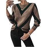 SweatyRocks Women's Chevron Print Long Sleeve Knitted Crewneck Sweater Casual Pullover Top
