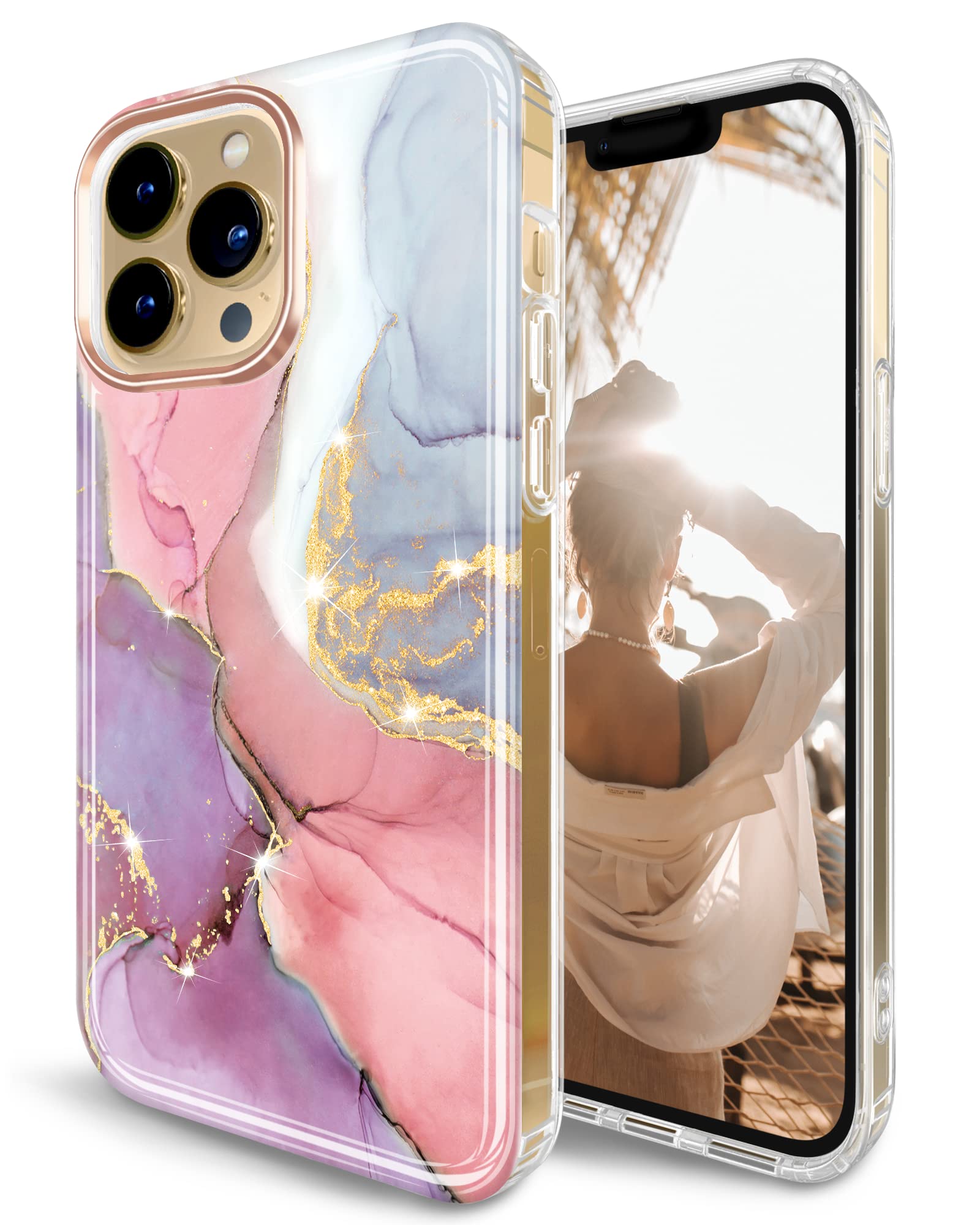 JIAXIUFEN Compatible with iPhone 14 Pro Max Case Gold Sparkle Glitter Marble Design Protective Shockproof Slim TPU Military Drop Protection Phone Case 6.7" 2022 Pink Purple — image 1