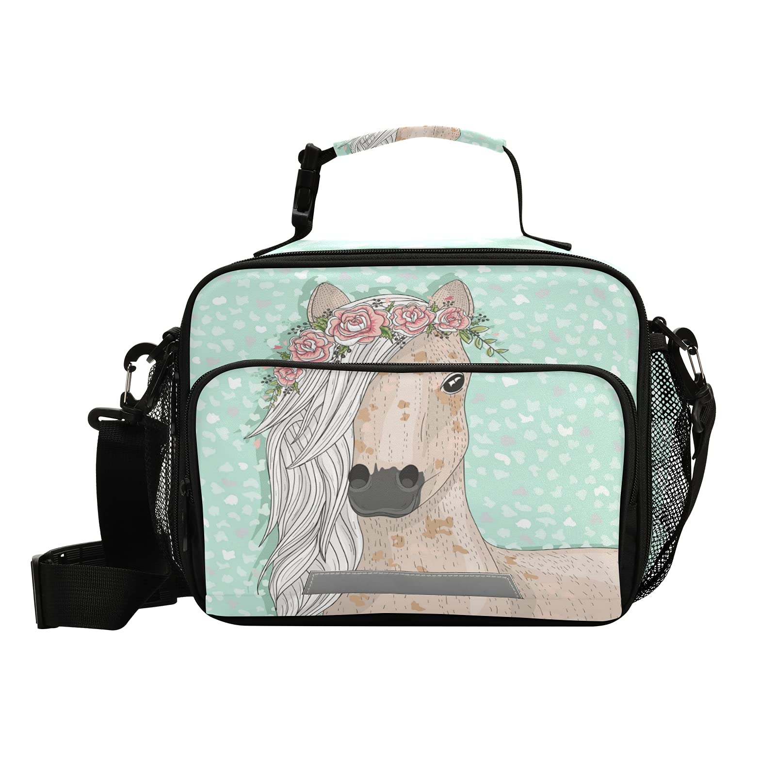 ALAZA Large Lunch Bags, Flower Horse Insulated Lunch Bags with Shoulder Straps and Buckle Handle, Crossbody Tote Lunch Box for Kids Teenager Student Girls Boys, 2 Compartments