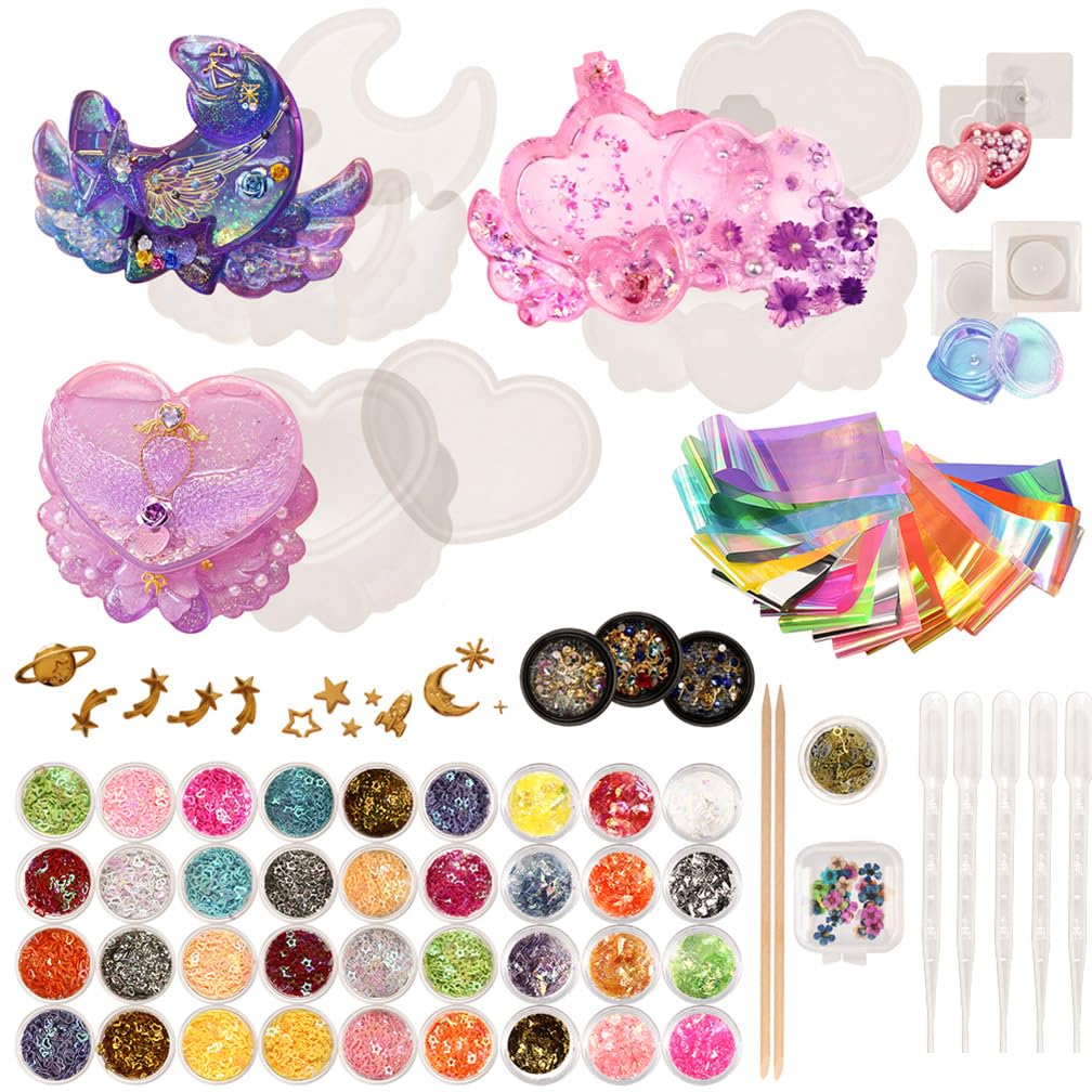 musykrafties Trinket Box with lid Resin Silicone Mould Set Jewellery Making 74 Kits Glitter Confetti Mermaid Pearl Iridescent Flims Pipettes Droppers Wood Sticks