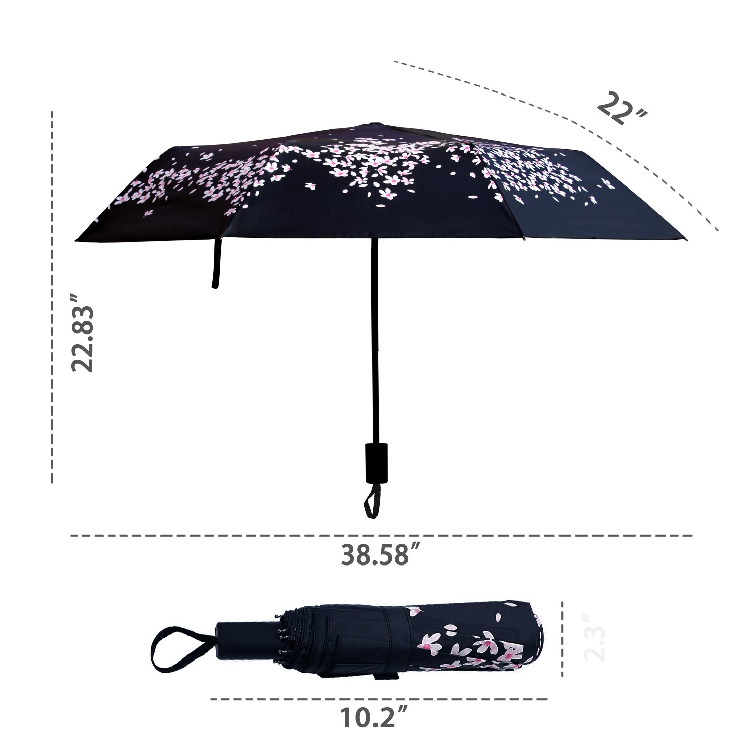Elehere Black Sakura Windproof Umbrella Automatic Open Waterproof Stick Parasols