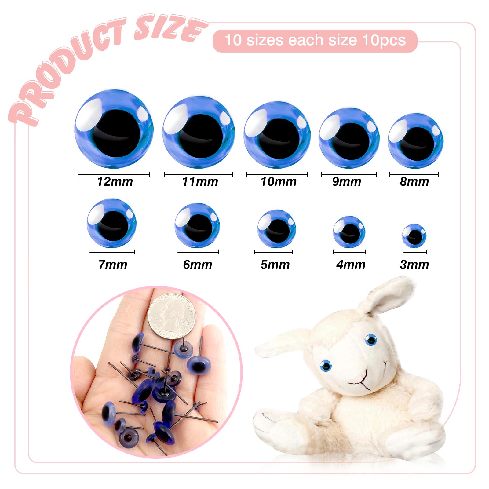 TOAOB 100pcs Blue Glass Eyes Kits 3mm to 12mm Assorted Sizes for Crafts Needle Felting Bears Dolls Decoys Sewing