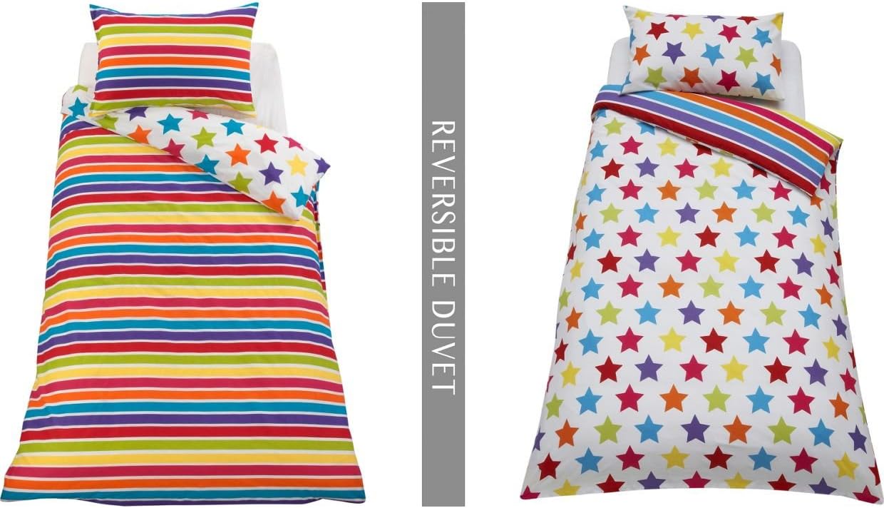 Reversible Stripe & Star Children's Single Bedding Set - Duvet Cover & Pillowcase.