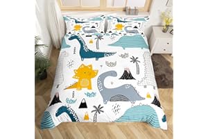 EROSEBRIDAL Kids Bedding Set, Cute Cartoon Dinosaur Pattern Comforter Cover for Boys Children Lovely Animal World Bedroom Decor Duvet Cover, Geometry Stripe Grid Printed Soft Microfiber Bedspread, King Size