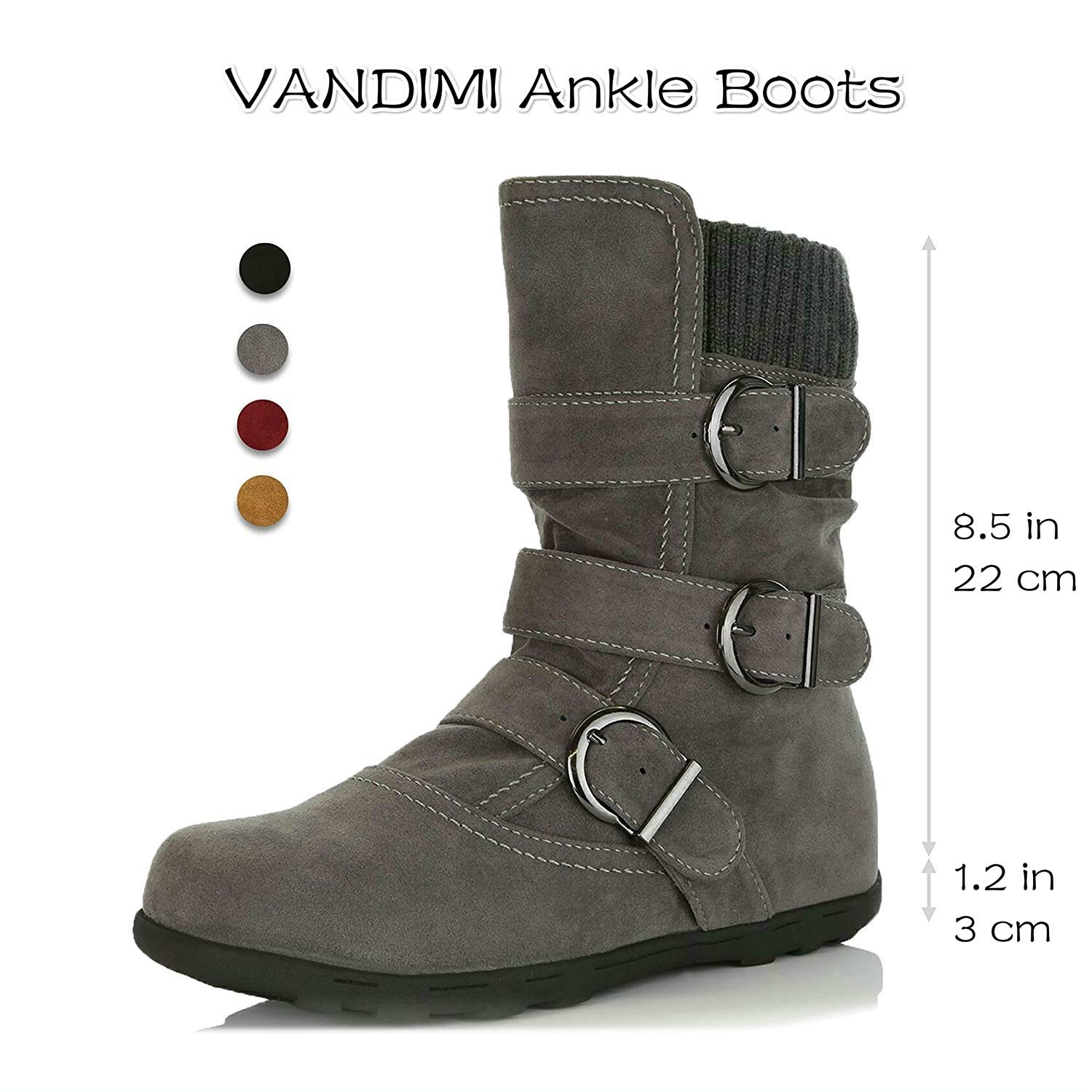 VANDIMI Women\'s Winter Ankle Snow Boots Warm Zipper Buckles Strap Suede Booties Mid Flat Boot