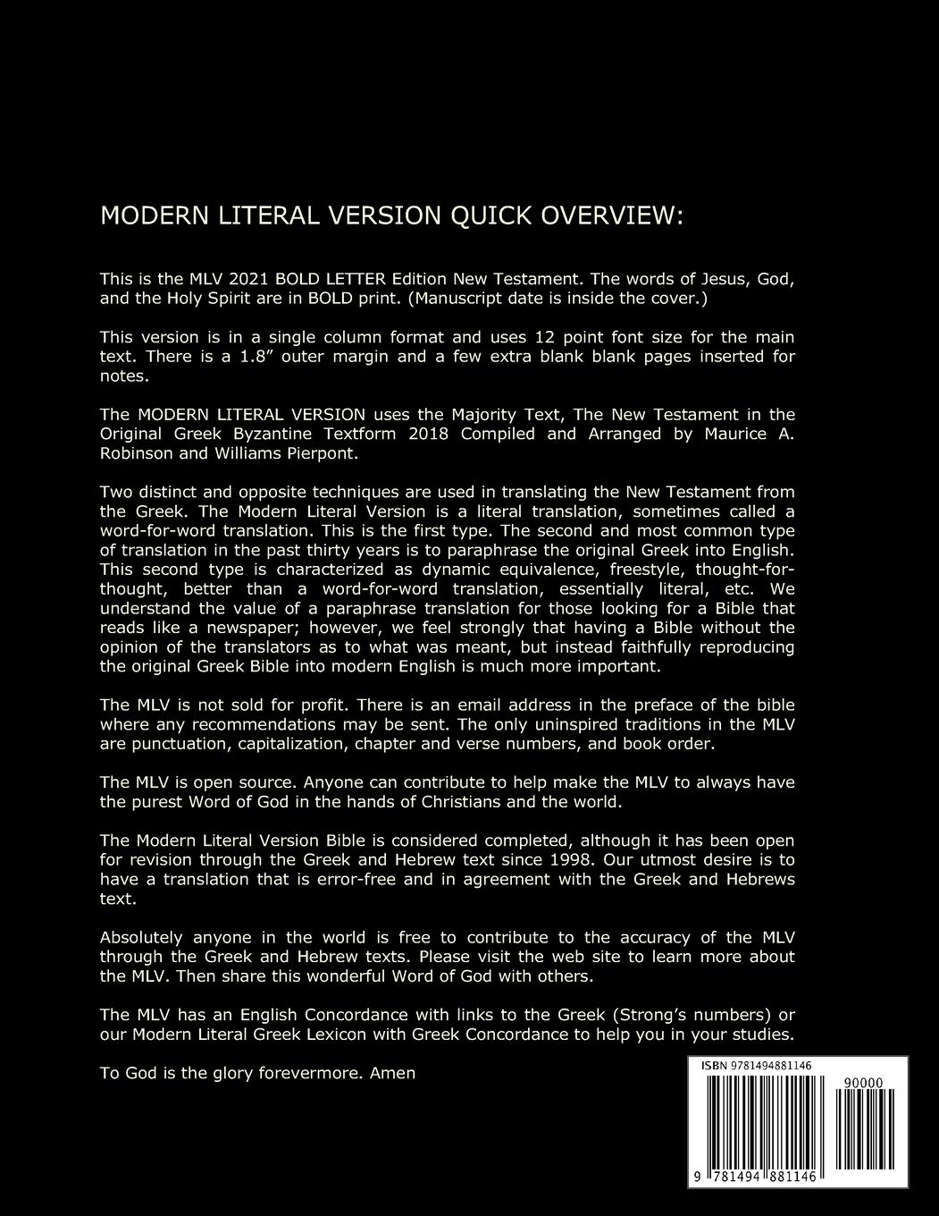 Holy Bible Modern Literal Version God Mlv Team 2021 9781494881146 Amazon Com Books