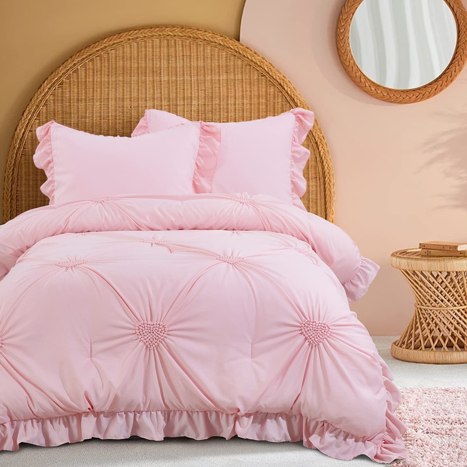 Photo 1 of ROYALAY Pink Bedding Kids Comforter Sets for Girls Ruffle Bedding Set Full/Queen Size with 2 Pillow Shams, Blush Pinch Pleat Comforter for All Season (Pink, Full-81"x86")