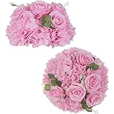 BLOSMON Artificial Flower Balls Wedding Centerpieces 2 Pcs 11.8" Pink Fake Flowers Rose Hydrangea Ball Arrangement Center Pieces for Table Silk Floral Bouquet for Wedding Party Home Decor