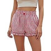 SweatyRocks Women's Cute Plaid Bubble Shorts Y2k Casual Bow Ruffle Mini Shorts Beach Going Out