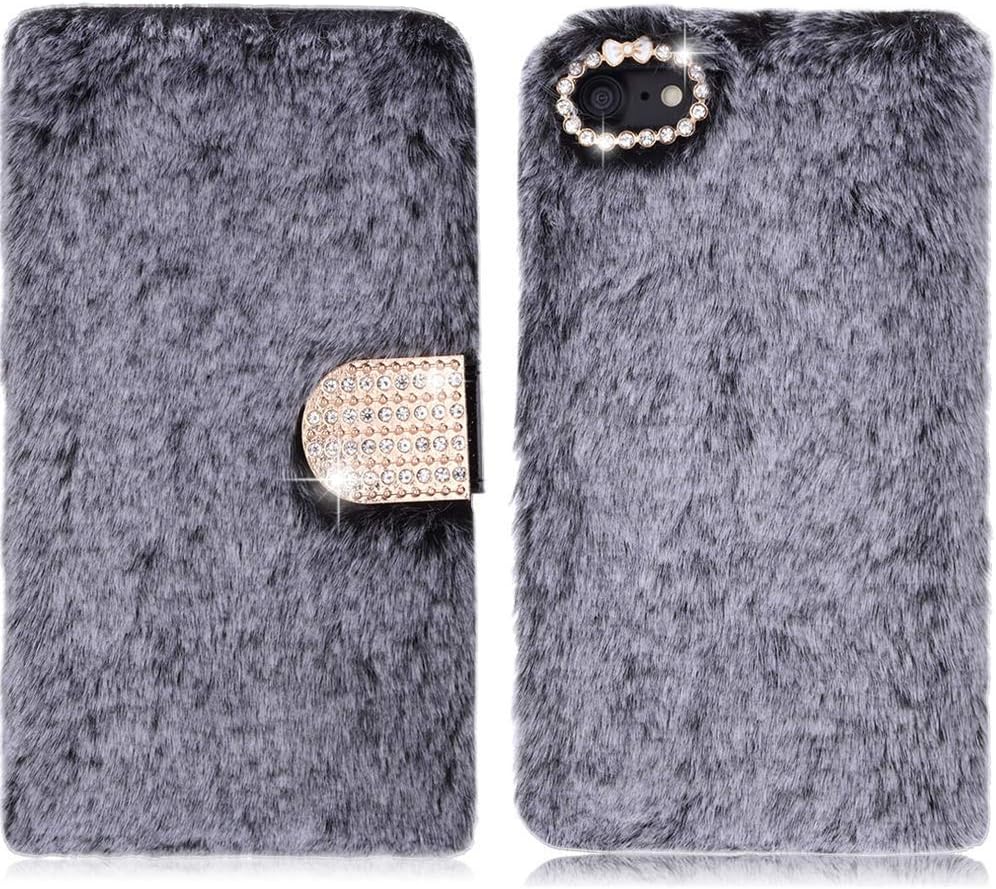 LAPOPNUT for iPhone 6 Case iPhone 6S Case Faux Fur Flip Case Super Soft Cover Cute Fluffy Furry Folio Shockproof Cover with Chic Bowknot Bling Crystal Diamond (Grey)