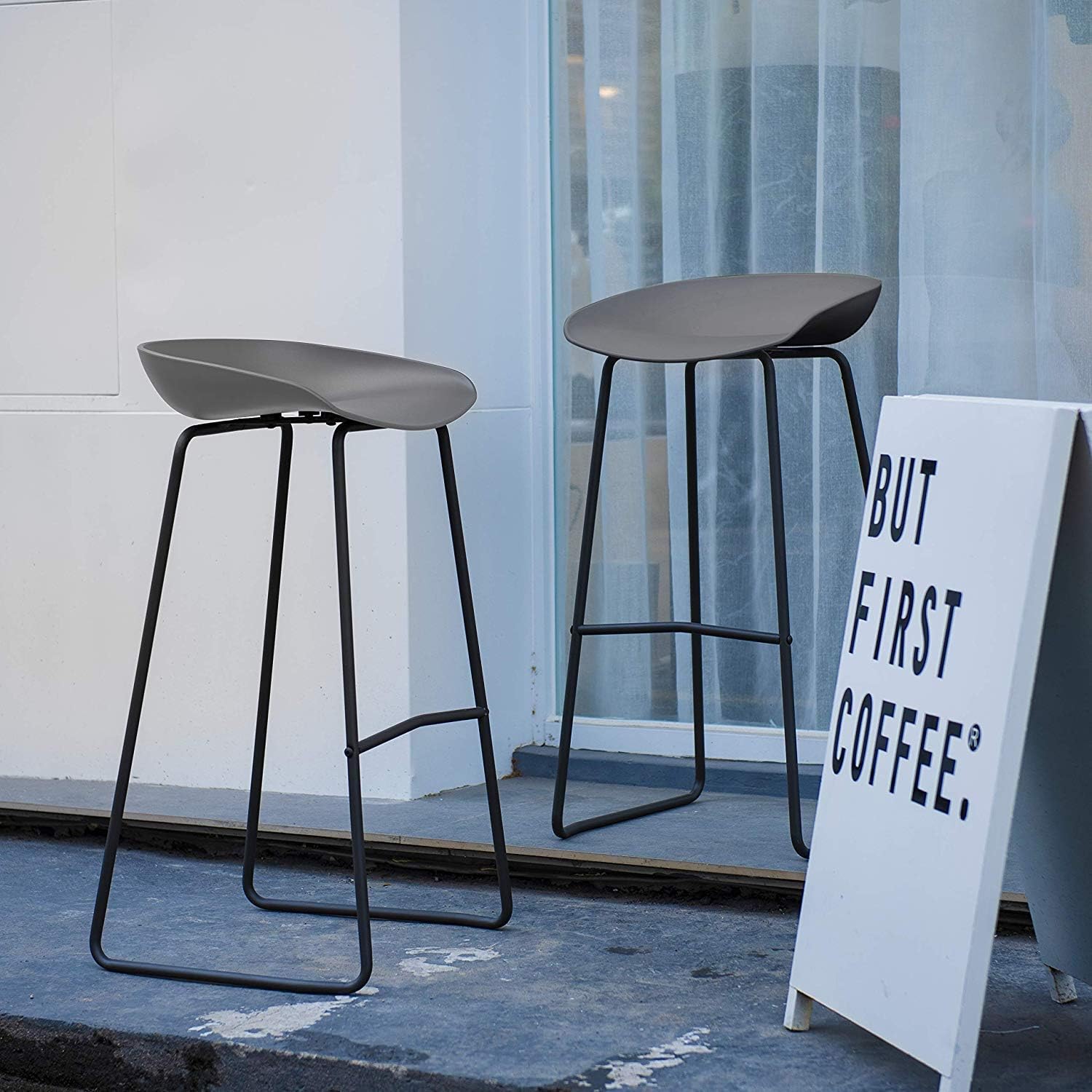 Art Leon Bar Stools Set of 2, Mid Century Modern Patio Counter Height Backless Plastic Seat Tall Bar Stools Chair with Metal Foot Rest for Outdoor/Indoor (Grey)