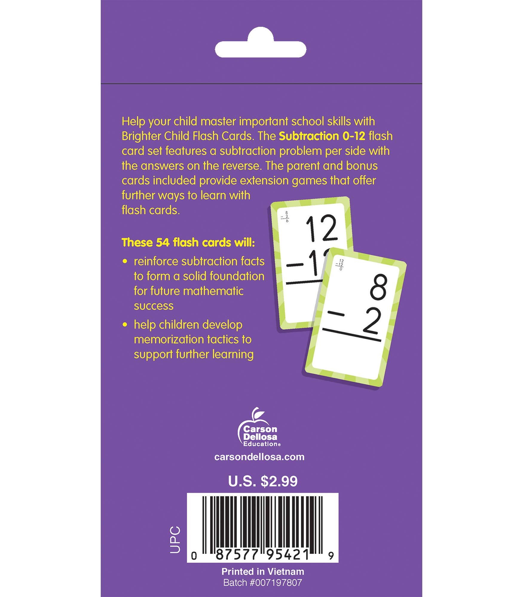 Carson Dellosa 54 Subtraction Flash Cards, All Facts for Subtracting Through 12, Mathematics Flashcards for Ages 6 and Up, Kindergarten, 1st Grade Learning Activities and Math Games for Kids 5-7