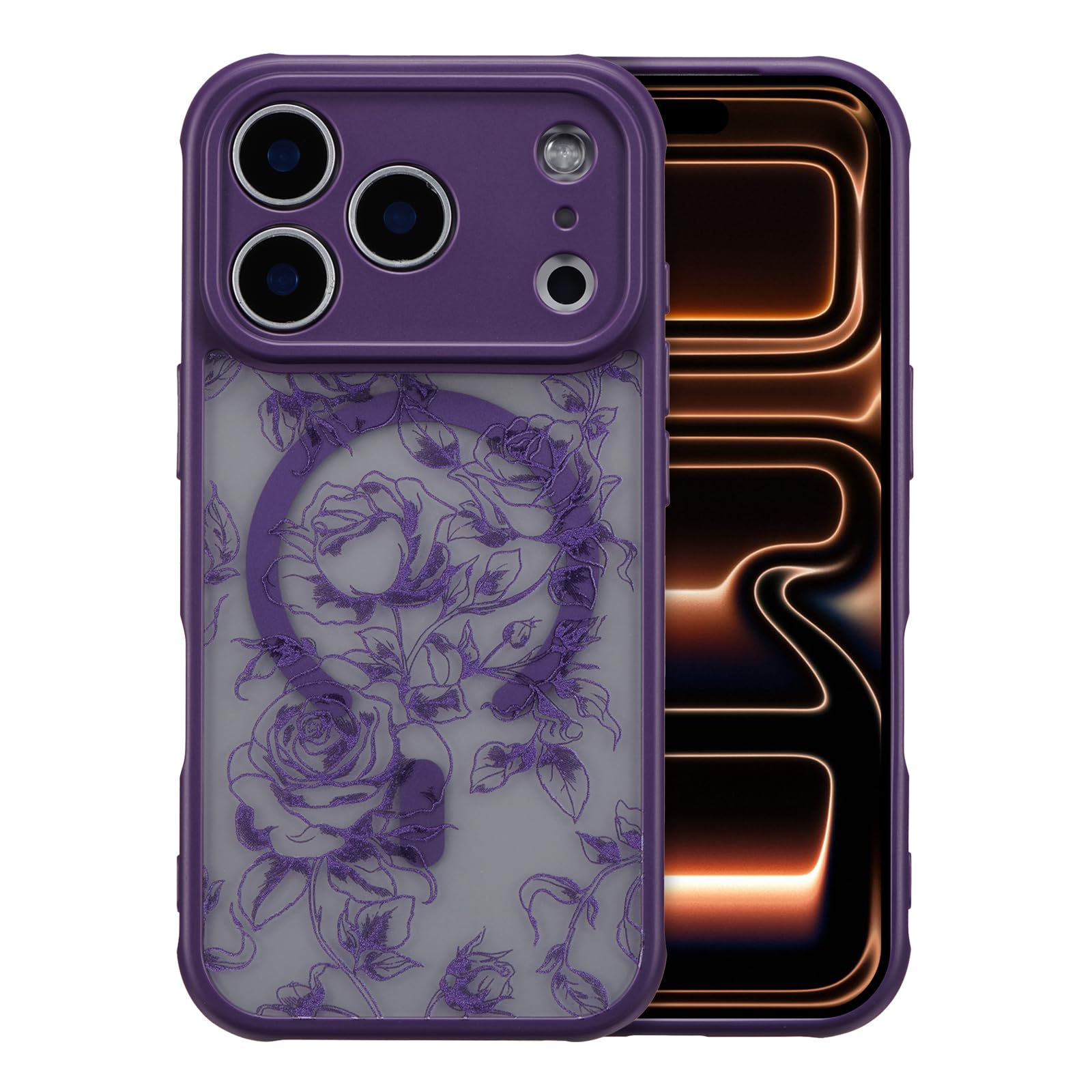XIZYO Magnetic Case for iPhone 17 Pro Max, Floral Flower Cute Aesthetic Case [Compatible with Magsafe] for Women Girls Rose Pattern Slim TPU Bumper Shockproof Protective Cover, Branch Rose/Purple