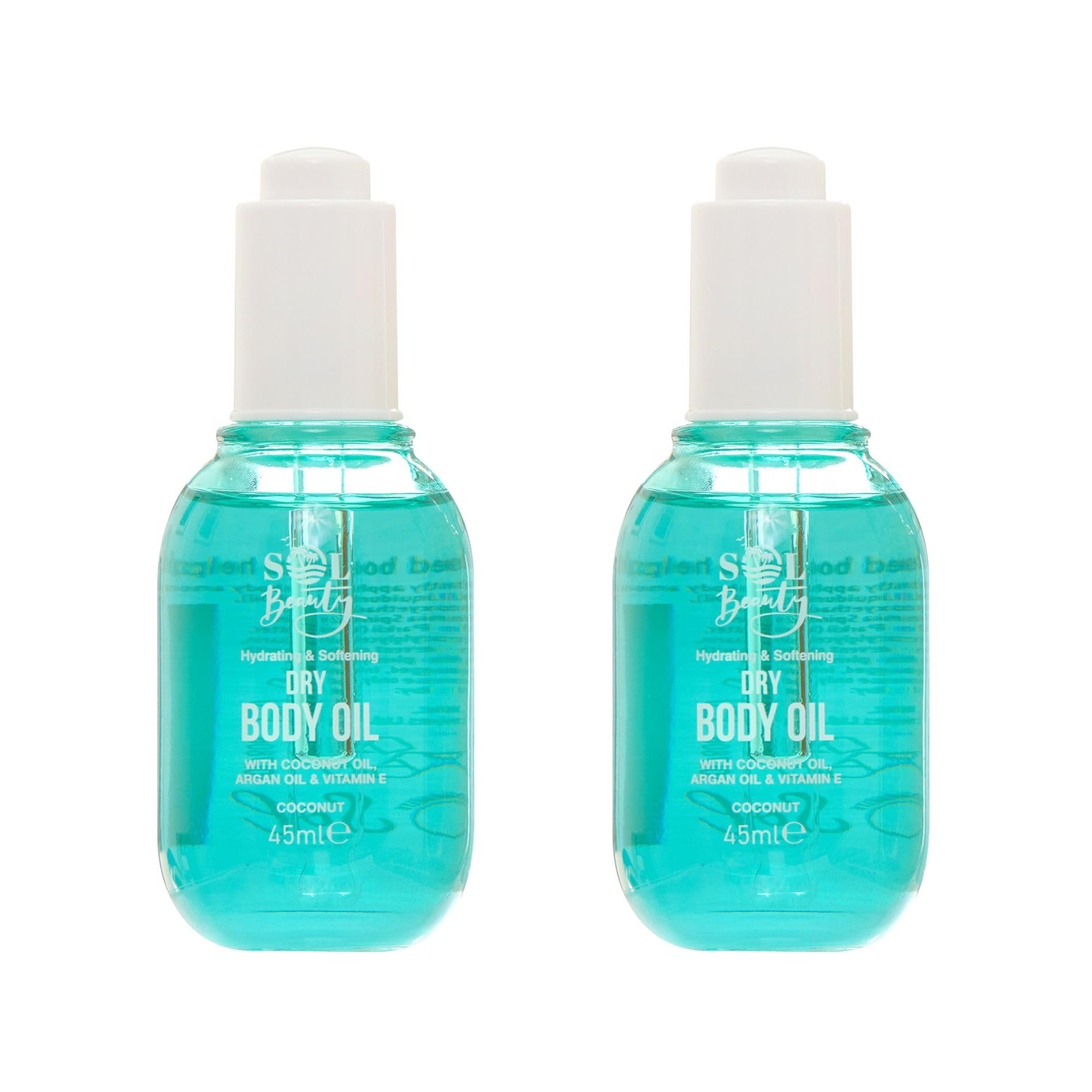 Sol Beauty Dry Body Oil Coconut Scent with Coconut Oil, Argan Oil & Vitamin E, Helps Smooth and Soften Skin, Vegan Friendly Light Moisturiser 2 x 45ml