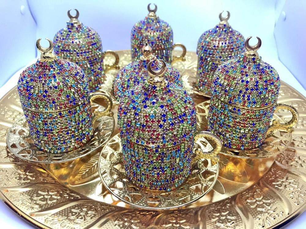Six Pieces Set of Multi Color Swarovski Crystal Coated Turkish Arabic Coffee Cups Set With Tray