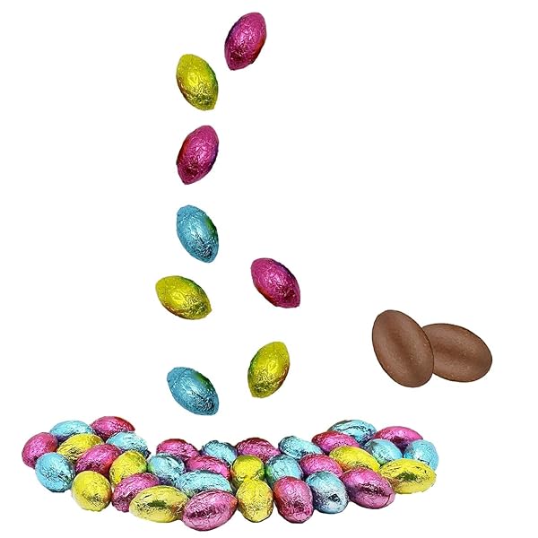 THE DREIDEL COMPANY EASTER CHOCOLATE EGGS, MULTICOLORED FOIL WRAPPED MILK CHOCOLATE IN EASTER EGG BOX, 1LB APPROXIMATELY – 90 EGGS