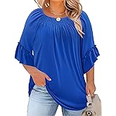 Micoson Womens Plus Size Tops 3/4 Ruffle Sleeve Shirts Crewneck Pleated Blouses Dressy Casual Fashion Tunic Top (1X-5X)