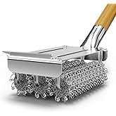 HOUSE AGAIN Grill Brush Bristle Free, 304 Stainless Steel Food-Grade Brush Head with Scraper, Safe BBQ Outdoor Grill Cleaning Brush Strong Barbecue Brush Cleaner Non Wire for Grill Grate/Wooden Handle