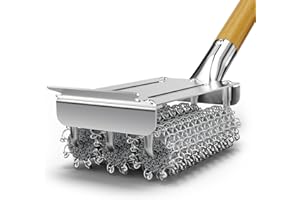 HOUSE AGAIN Grill Brush Bristle Free, 304 Stainless Steel Food-Grade Brush Head with Scraper, Safe BBQ Outdoor Grill Cleaning Brush Strong Barbecue Brush Cleaner Non Wire for Grill Grate/Wooden Handle