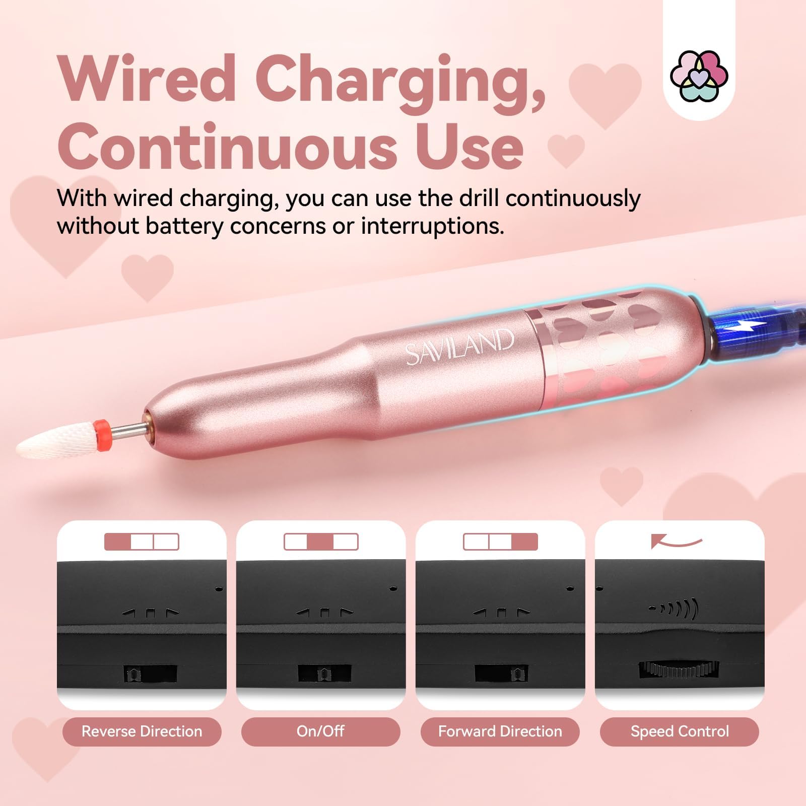 SAVILAND Acrylic Electric Nail Drill : Exclusive Love Series Portable Efile Nail Drill Machine Professional Complete Drill Bits for Remove Acrylic Nails Manicure & Toenails Nail Care Home Salon DIY - Image 5